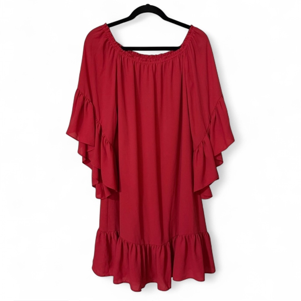 White House Black Market Red Off-The-Shoulder Ruffle Sleeve Dress Size M - Picture 3 of 11